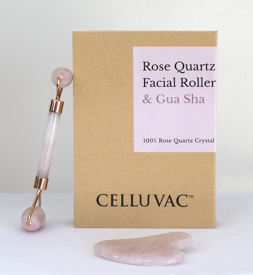 celluvac rose quartz facial roller gua sha combo