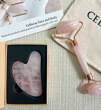 Load image into Gallery viewer, celluvac rose quartz facial roller and gua sha combo
